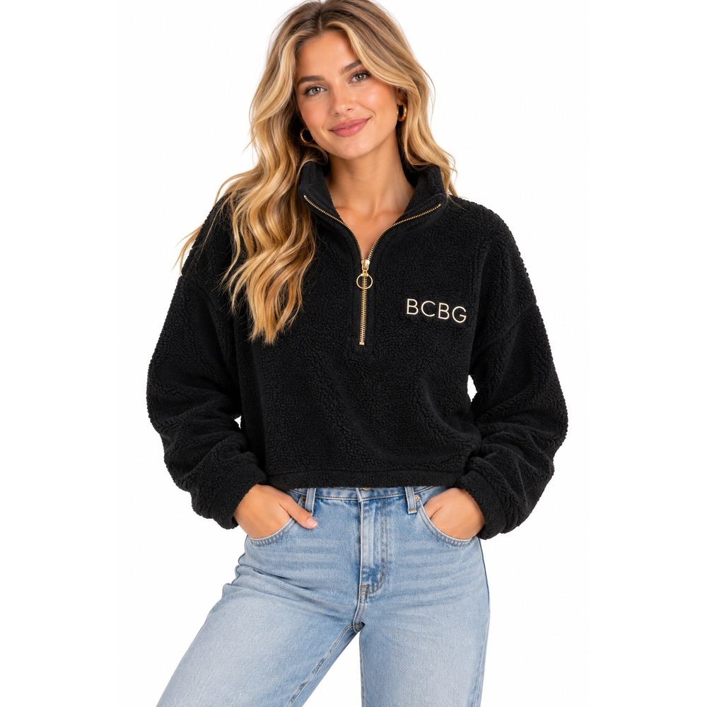BCBGeneration Black Faux Shearling Quarter Zip Fleece Pullover Large